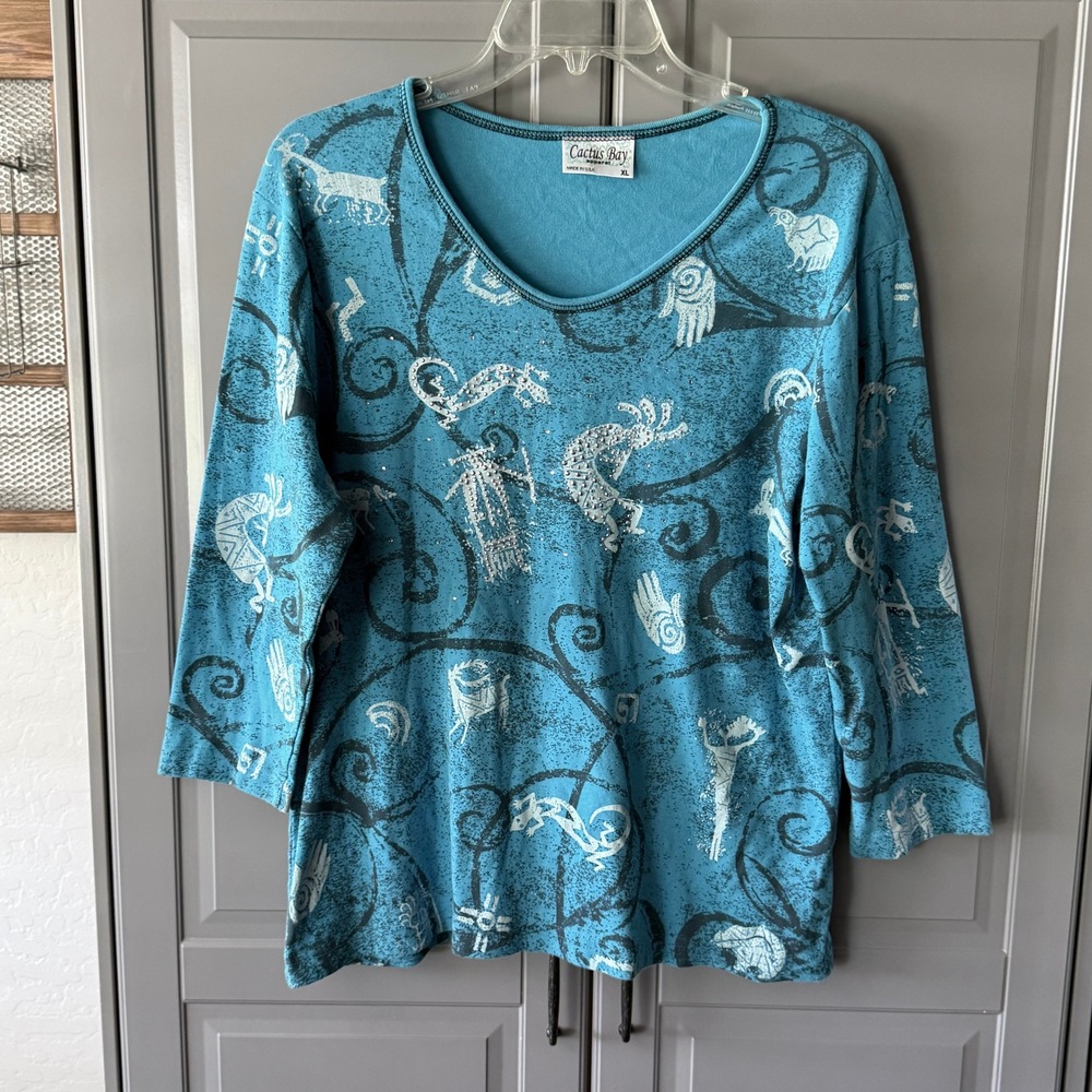 Cactus‎ Bay Y2K Southwestern Kokopelli Rhinestone 3/4 Sleeve Top, Turquoise, XL
